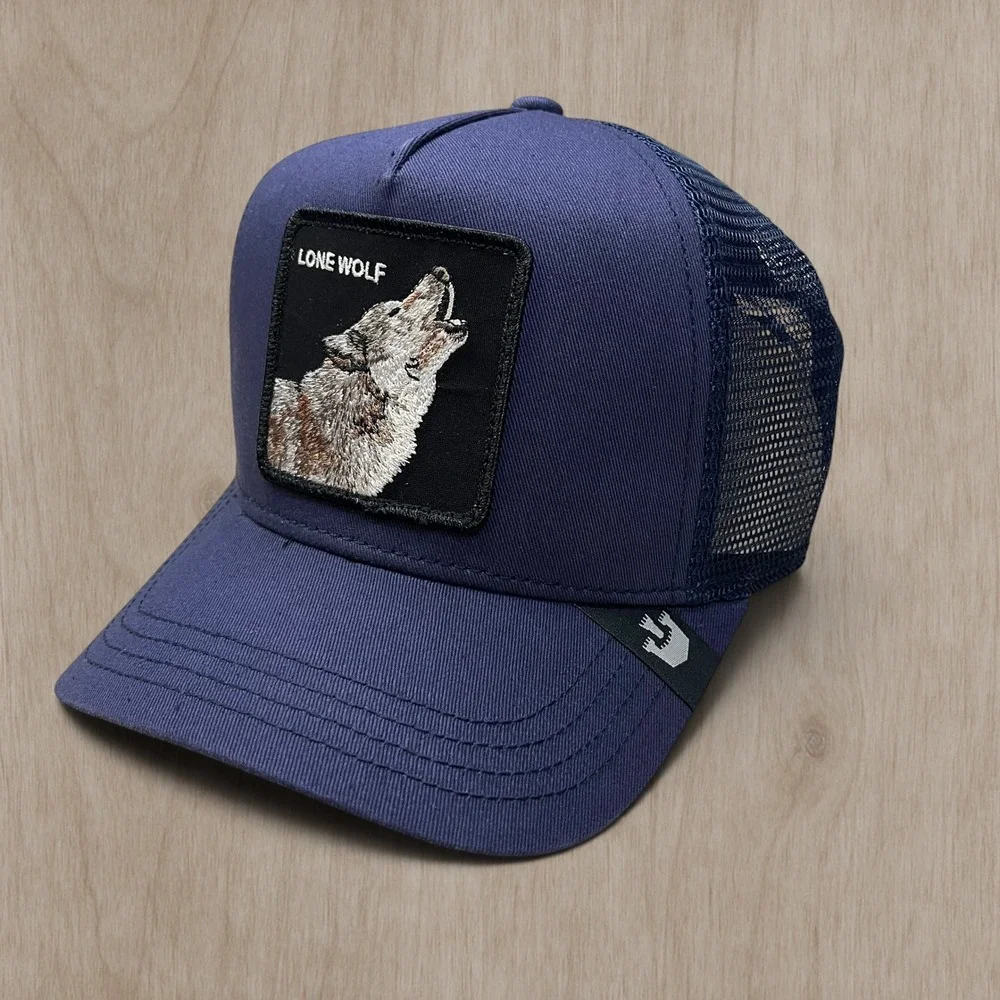 Goorin Bros Lone Wolf Trucker Hat Navy Blue Animal Farm Wolf Patch Snapback Cap